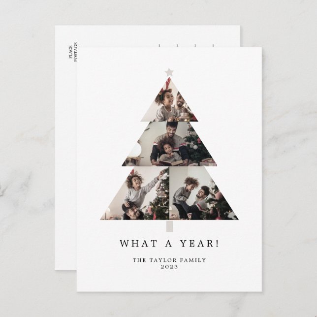 Minimalist Typography What A Year Christmas Tree Holiday Postcard (Front/Back)