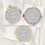 Minimalist Ultimate Grey Wedding Bride Groom Favou Classic Round Sticker<br><div class="desc">Simple, minimalist and chic Wedding design features bride & groom's names in a modern design with a double framed border in white on an ultimate grey background. The modern design is simple and chic. Personalize wedding details with your names in crisp white script. Be sure to see the collection link...</div>
