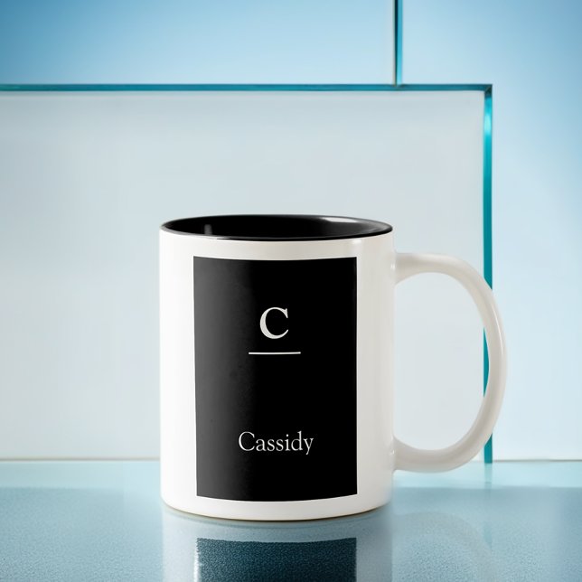 Minimalist Underline Black White Modern Monogram Two-Tone Coffee Mug (Get this stylish minimalist mug. Simply customize it, then add it to your cart.)
