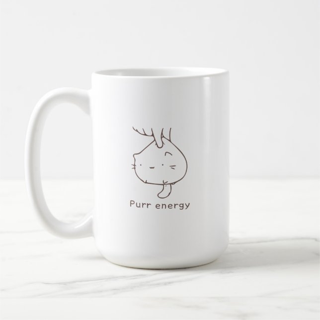Minimalist Upside-Down Cat "Purr Energy" Graphic D Coffee Mug (Left)