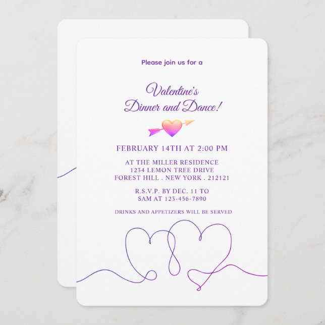 Minimalist Valentine's Day Purple Heart Invitation (Front/Back)