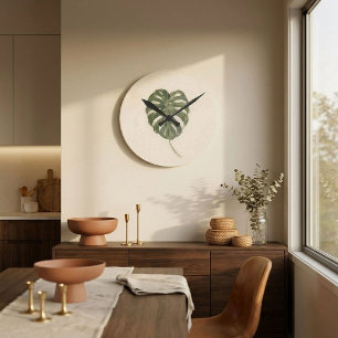 Minimalist Variegated Monstera Leaf Modern Plants Round Clock