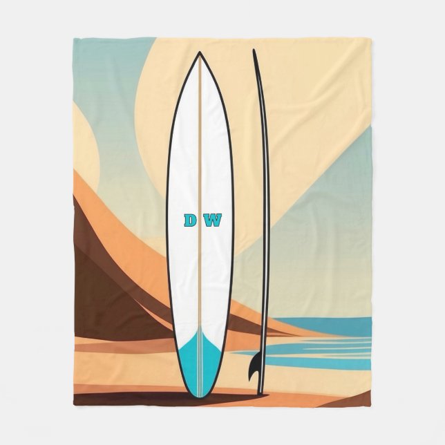 Minimalist vector surfboard themed monogram fleece blanket (Front)