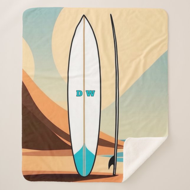 Minimalist vector surfboard themed monogram sherpa blanket (Front)