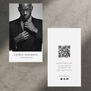 Minimalist Vertical Business Card with Photo & QR