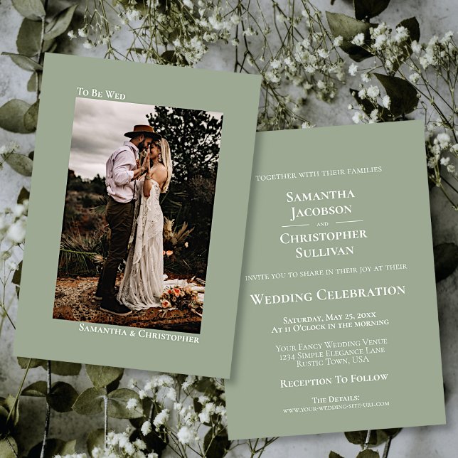 Minimalist Vertical Photo Sage Green Wedding Invitation (Creator Uploaded)