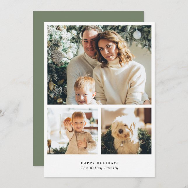 Minimalist Vertical Three Photo Holiday Card (Front/Back)