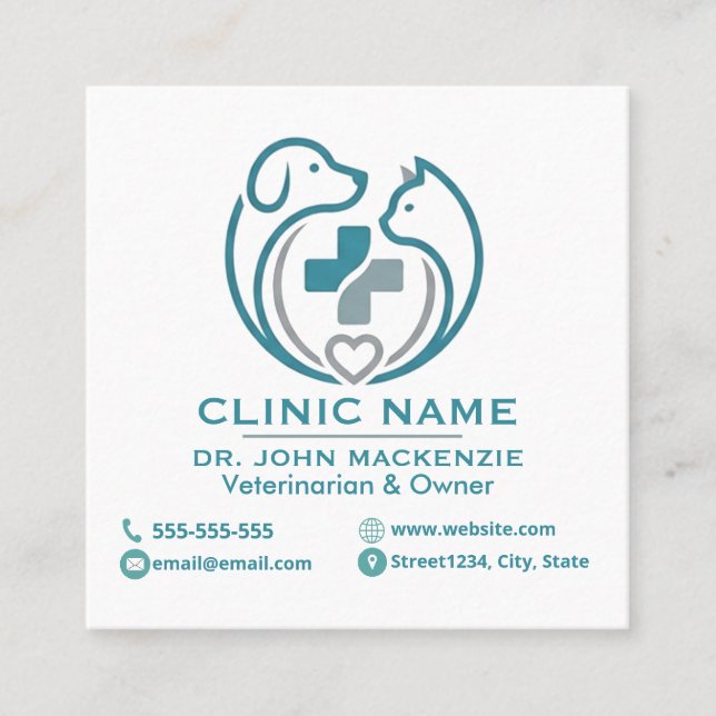 Minimalist Veterinary Clinic Customizable Square Business Card (Front)