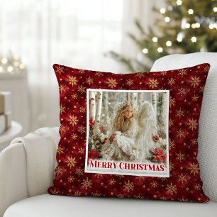 Minimalist Victorian Angel Red Gold Holiday Xmas Throw Pillow