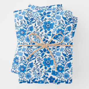 Minimalist vintage Blue White Flower chinoiserie Wrapping Paper Sheet