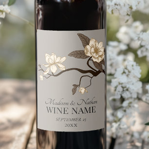 Minimalist Vintage Magnolia Wedding Grey Wine Label