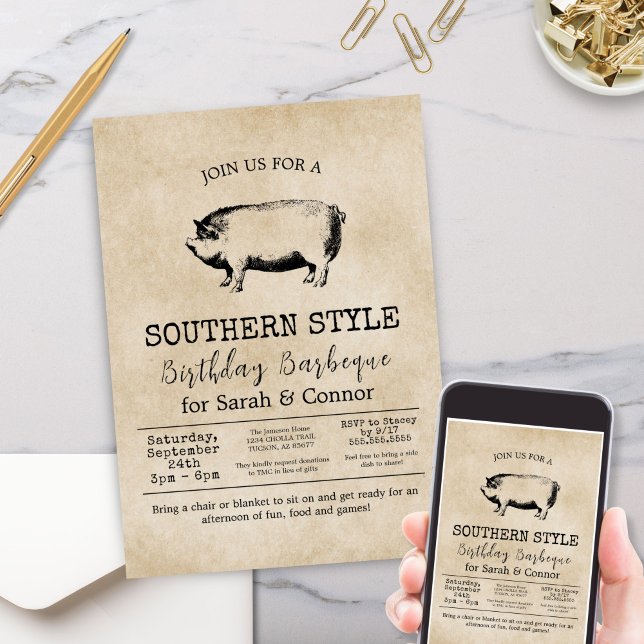 Minimalist Vintage Whole Pig Barbeque Party Invitation (Vintage Minimal Whole Pig Roast Southern BBQ Party Invitation for Birthday Office or Summer Barbeque)