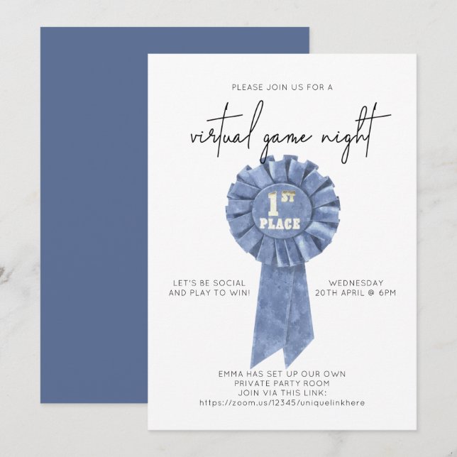 Minimalist Virtual Game Night Blue Ribbon Invitation (Front/Back)