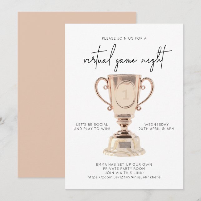 Minimalist Virtual Game Night Peach Pink Trophy Invitation (Front/Back)