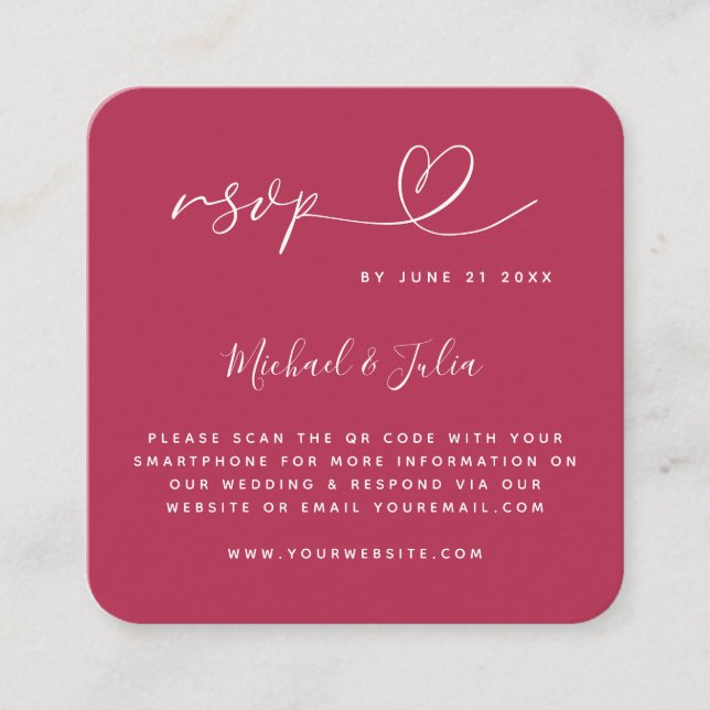 Minimalist Viva Magenta Heart QR Code Wedding RSVP Enclosure Card (Front)