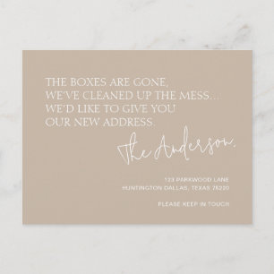 Minimalist Warm Taupe New Address Moving Announcement Postcard