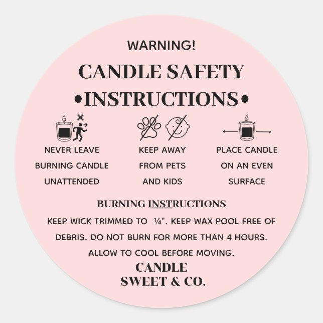 Minimalist Warning Candle | Blush Pink Modern Classic Round Sticker (Front)
