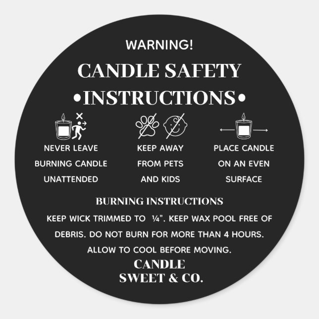 Minimalist Warning Candle | Modern Black Classic Round Sticker (Front)