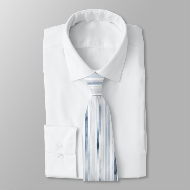 Minimalist Watercolor Blue Stripe Pattern Tie (Tied)