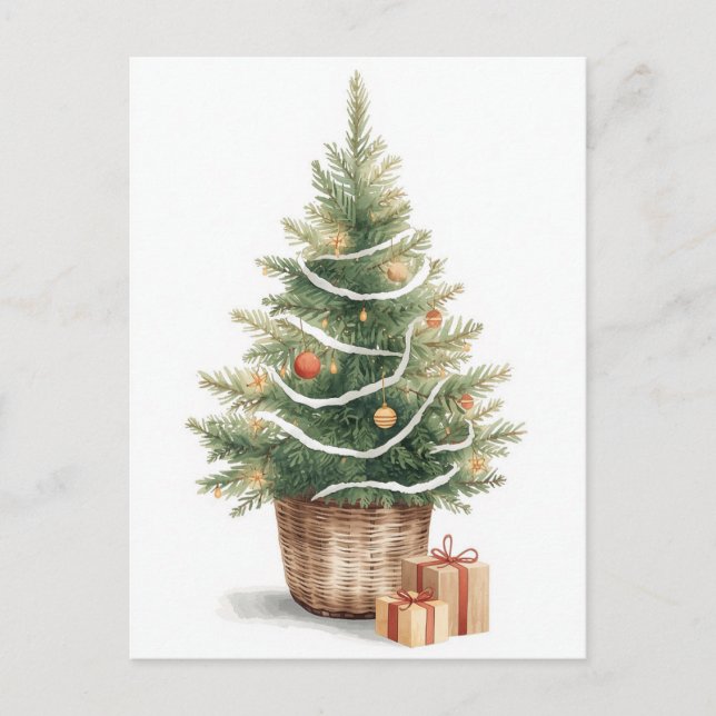 Minimalist Watercolor Christmas Tree Holiday Postcard (Front)