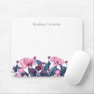 Minimalist Watercolor Dusty Blue Pink Wild Flowers Mouse Pad