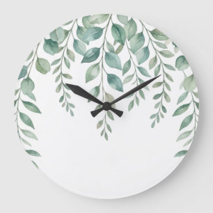 Minimalist Watercolor Eucalyptus Cascading Monogra Large Clock