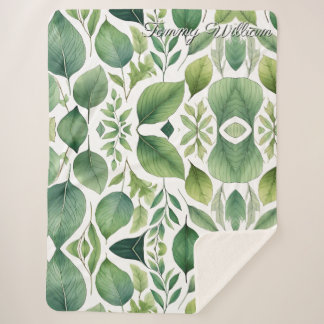 Minimalist Watercolor Green Leaves Sherpa Blanket