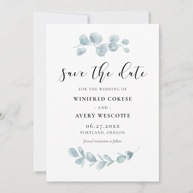 Minimalist watercolor greenery save the date (Front)