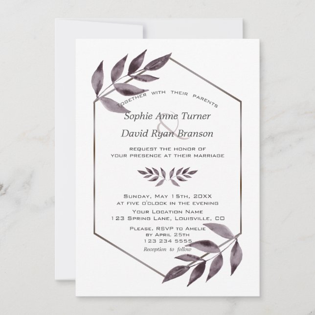 Minimalist Watercolor Ink Foliage Diamond Wedding Invitation (Front)