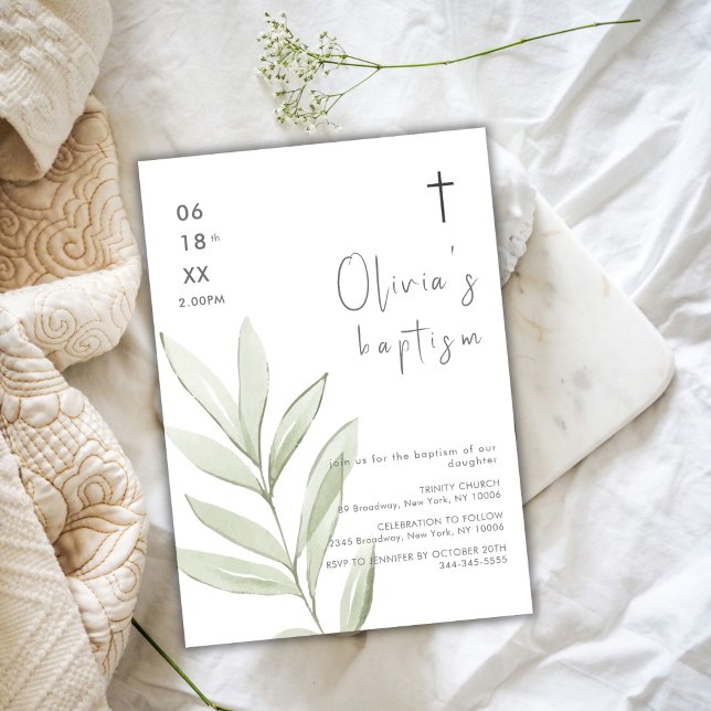 Minimalist Watercolor Leaves Cross Baptism Invitation (Minimalist Watercolor Leave Cross Baptism Invitation)