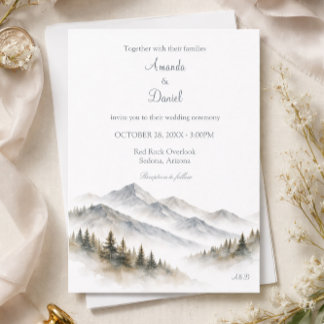 Minimalist Watercolor Mountain Wedding Pine Tree Invitation