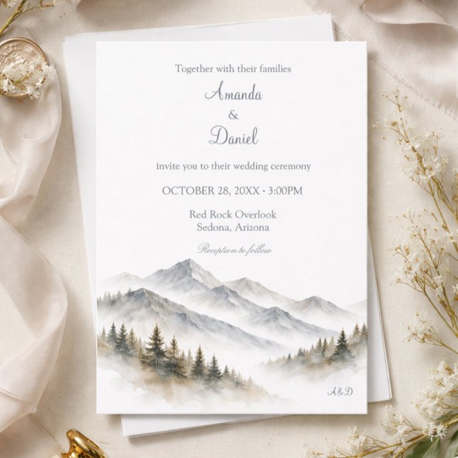Minimalist Watercolor Mountain Wedding Pine Tree Invitation (Creator Uploaded)