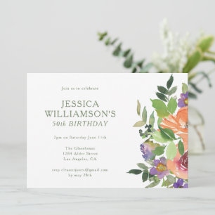 Minimalist Watercolor Orange Floral 50th Birthday Invitation