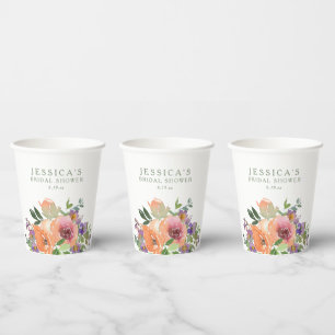 Minimalist Watercolor Orange Floral Bridal Shower Paper Cups