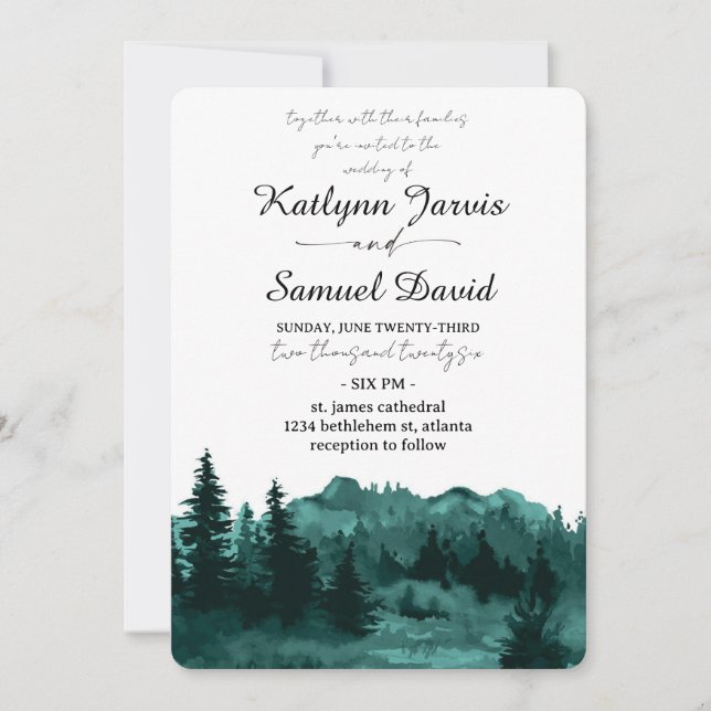 Minimalist Watercolor Pine Tree Mountain Invitation (Front)
