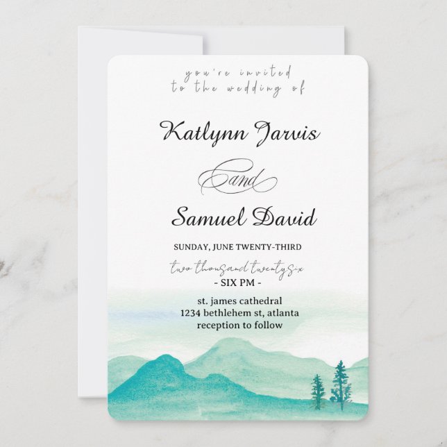 Minimalist Watercolor Pine Tree Mountain Invitation (Front)