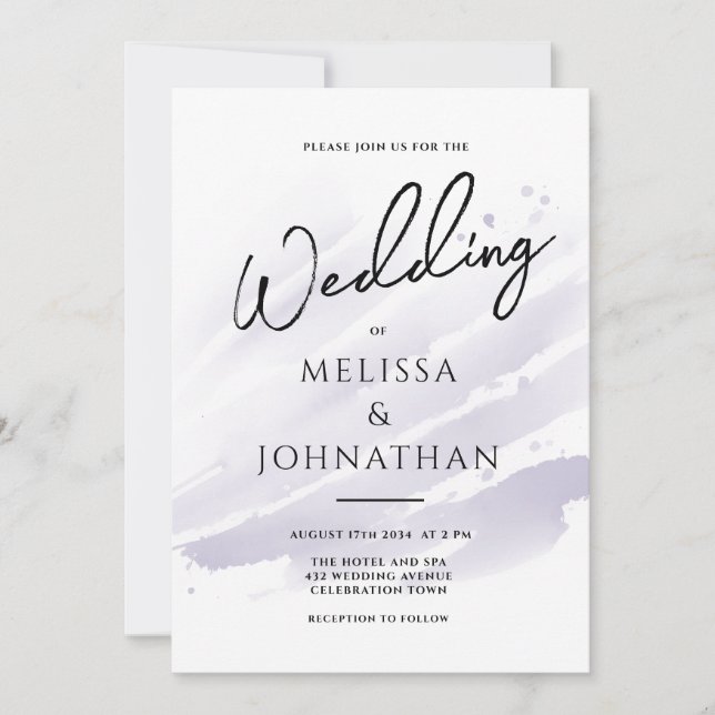 Minimalist Watercolor Purple Script Wedding Invitation (Front)