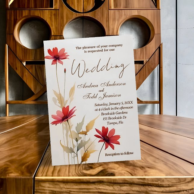 Minimalist watercolor red flower wedding invitation (Creator Uploaded)
