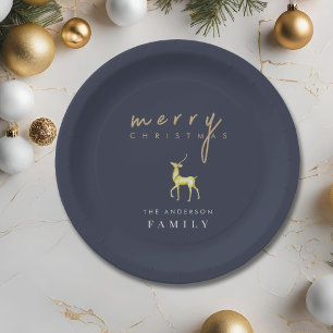 Minimalist Watercolor Reindeer Merry Christmas Paper Plate