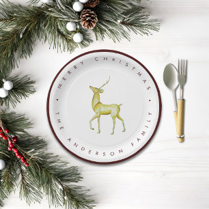 Minimalist Watercolor Reindeer Merry Christmas Paper Plate