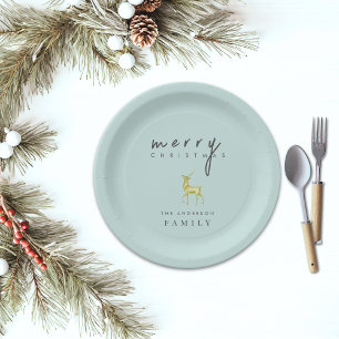 Minimalist Watercolor Reindeer Merry Christmas Paper Plate