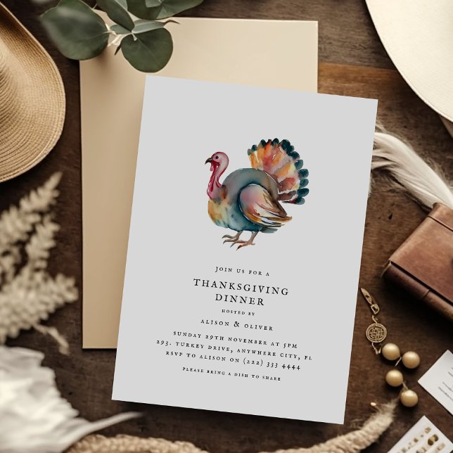 Minimalist Watercolor Turkey Thanksgiving Dinner Invitation (Creator Uploaded)