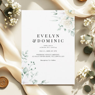 Minimalist Watercolour Floral White Rose Wedding Invitation