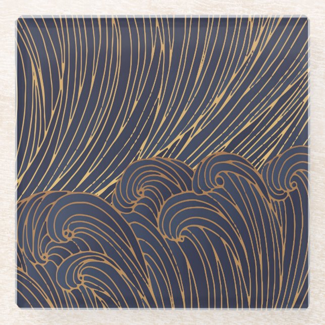 Minimalist waves, mountain line art. glass coaster (Front)