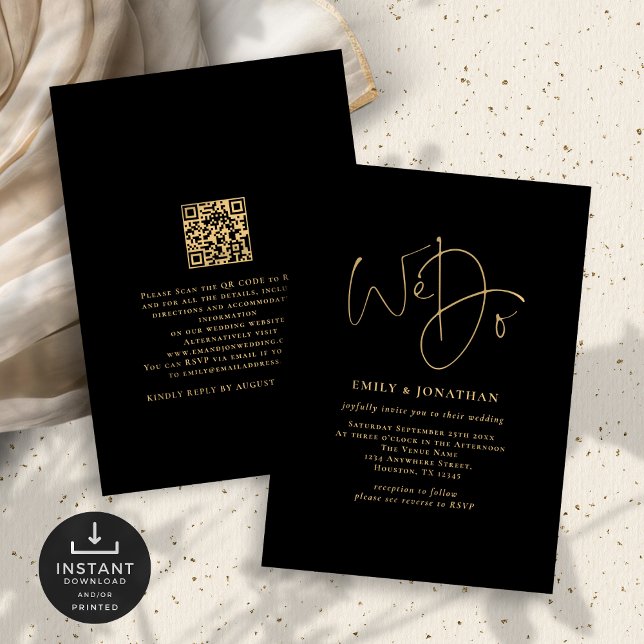 Minimalist We Do Gold Script QR Code Wedding Black Invitation (Front and back view)