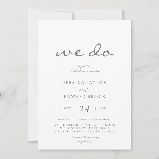 Minimalist We Do Silver Script Photo Wedding Invitation (Front)