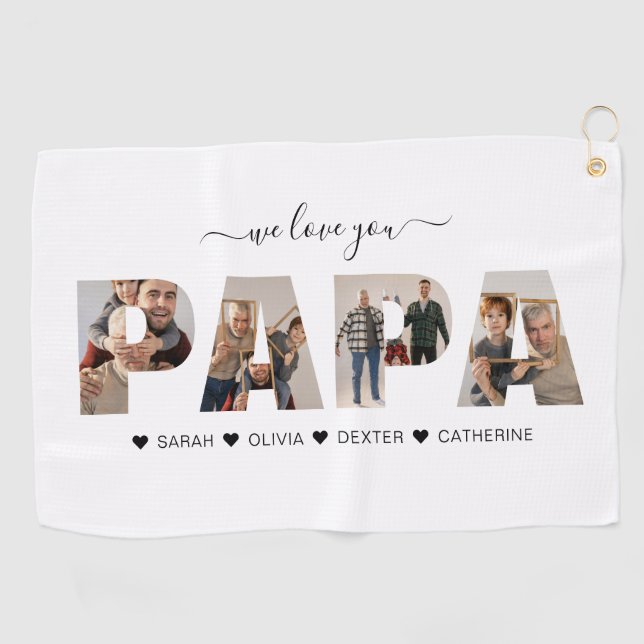 Minimalist We Love You PAPA Photo Collage Golf Towel (Horizontal)