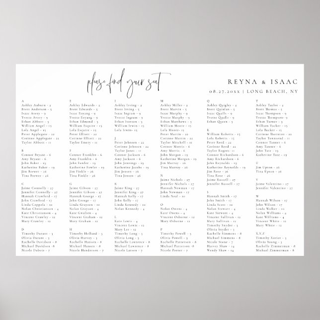 Minimalist Wedding Alphabetical Seating Chart (Front)
