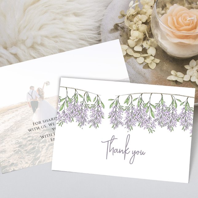 Minimalist Wedding Calligraphy Script Lilac Floral Thank You Card (Elegant lilac and lavender wisteria floral photo thank you card template. )