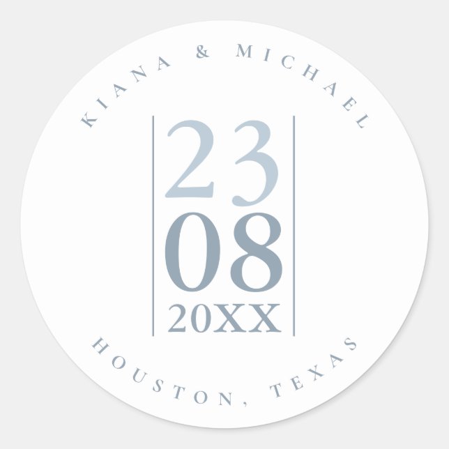 Minimalist Wedding Date Dusty Blue ID889 Classic Round Sticker (Front)